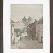 Ein Blick eine Meerenge hinunter auf die beiden Türme der Kathedrale von Viborg – 1829