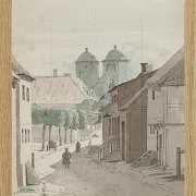 Ein Blick eine Meerenge hinunter auf die beiden Türme der Kathedrale von Viborg – 1829