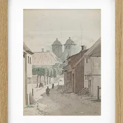 Ein Blick eine Meerenge hinunter auf die beiden Türme der Kathedrale von Viborg – 1829