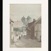 Ein Blick eine Meerenge hinunter auf die beiden Türme der Kathedrale von Viborg – 1829
