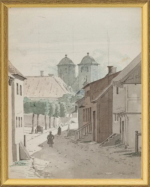 Ein Blick eine Meerenge hinunter auf die beiden Türme der Kathedrale von Viborg – 1829