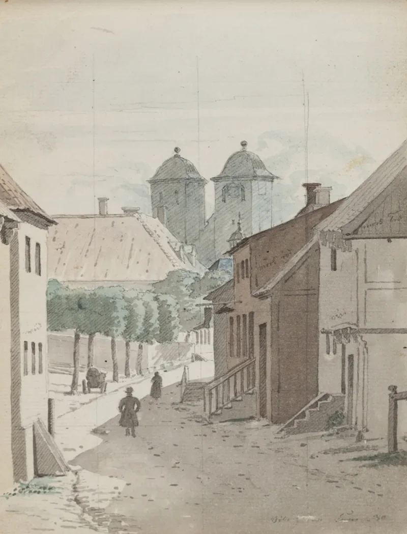 Martinus Rørbye – Ein Blick eine Meerenge hinunter auf die beiden Türme der Kathedrale von Viborg 1829 | Giclée Kunstdruck gerahmt