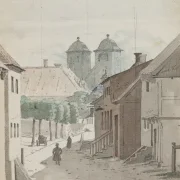 Martinus Rørbye – Ein Blick eine Meerenge hinunter auf die beiden Türme der Kathedrale von Viborg 1829 | Giclée Kunstdruck gerahmt