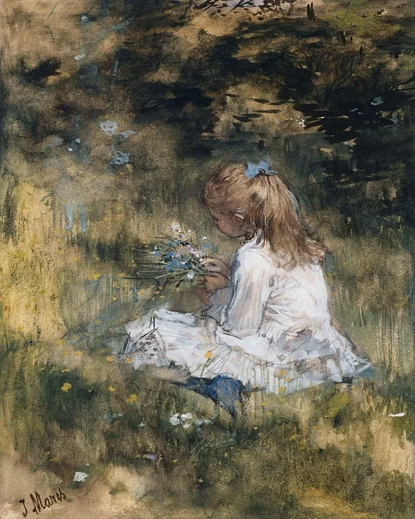 Ein Mädchen mit Blumen im Gras - 1878