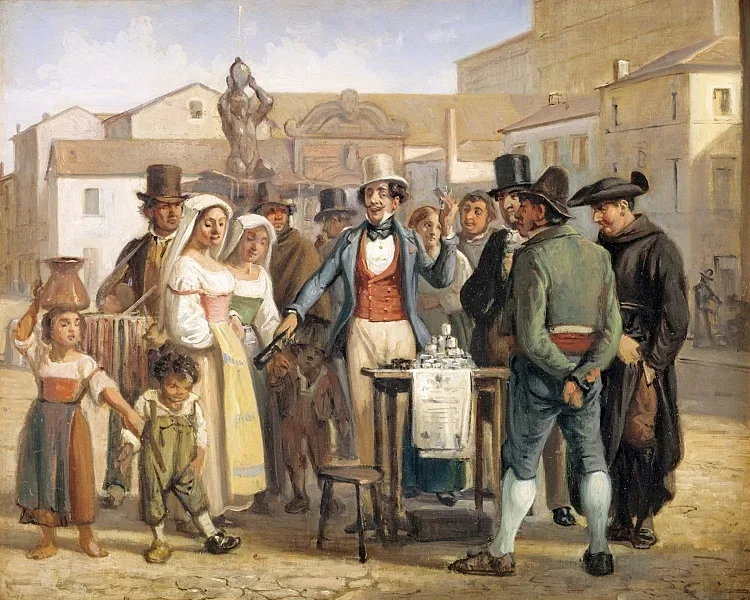 Ein Scharlatan, der Schuhputzcreme auf der Piazza Barberini in Rom verkauft – 1840
