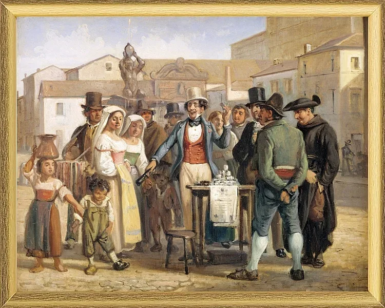 Ein Scharlatan, der Schuhputzcreme auf der Piazza Barberini in Rom verkauft – 1840