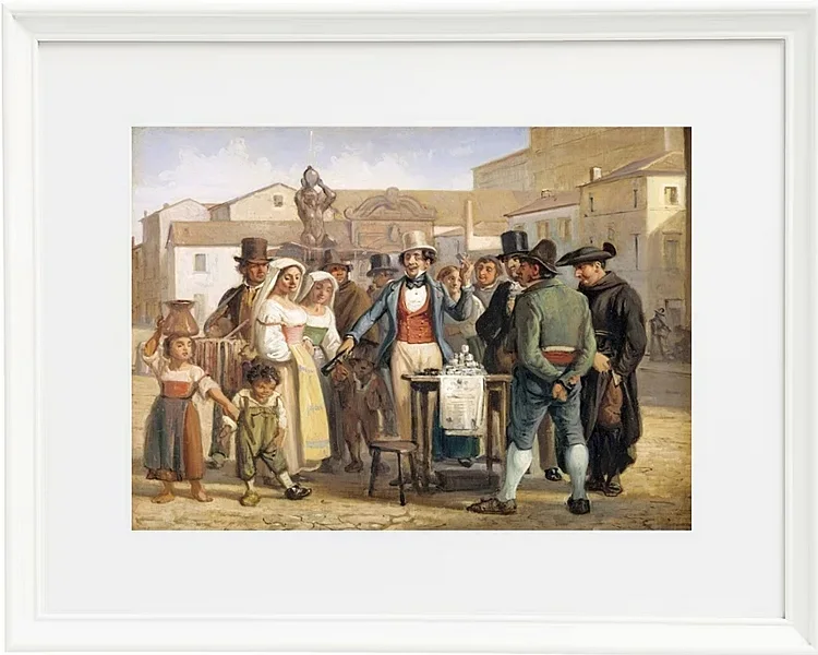 Ein Scharlatan, der Schuhputzcreme auf der Piazza Barberini in Rom verkauft – 1840