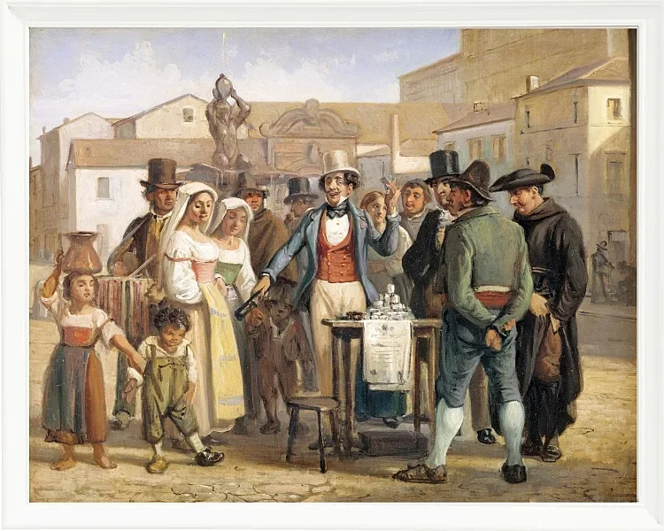 Ein Scharlatan, der Schuhputzcreme auf der Piazza Barberini in Rom verkauft – 1840