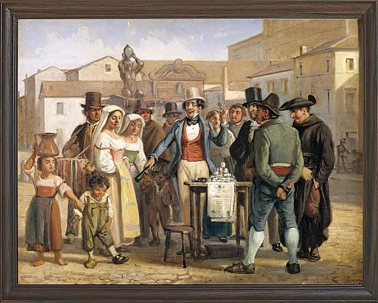 Ein Scharlatan, der Schuhputzcreme auf der Piazza Barberini in Rom verkauft – 1840