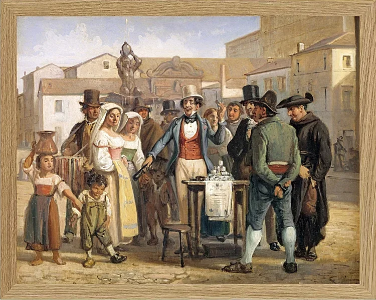 Ein Scharlatan, der Schuhputzcreme auf der Piazza Barberini in Rom verkauft – 1840