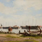 Ein Teil von Nyholm mit dem Kran und einigen Kriegsschiffen – 1826