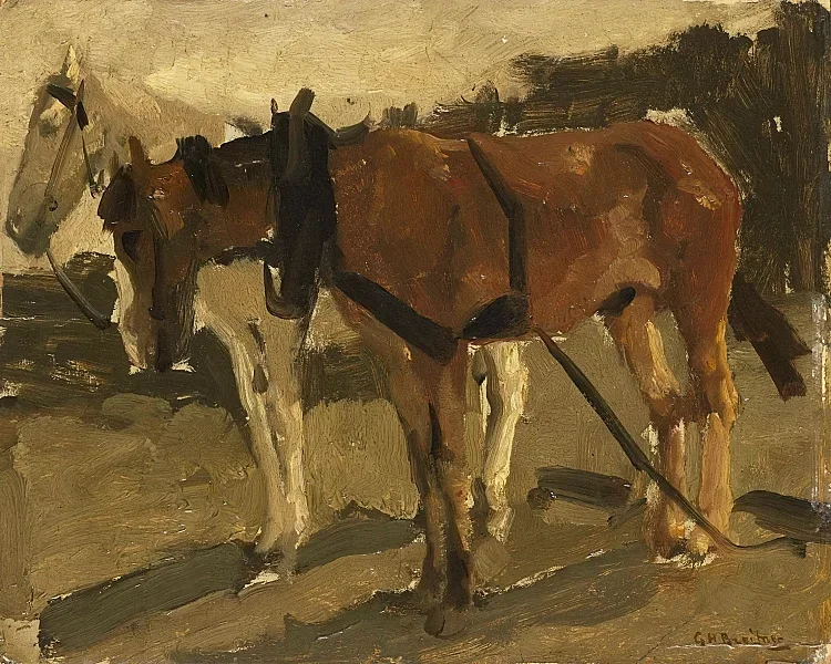 Ein braunes und ein weißes Pferd in Scheveningen - 1880