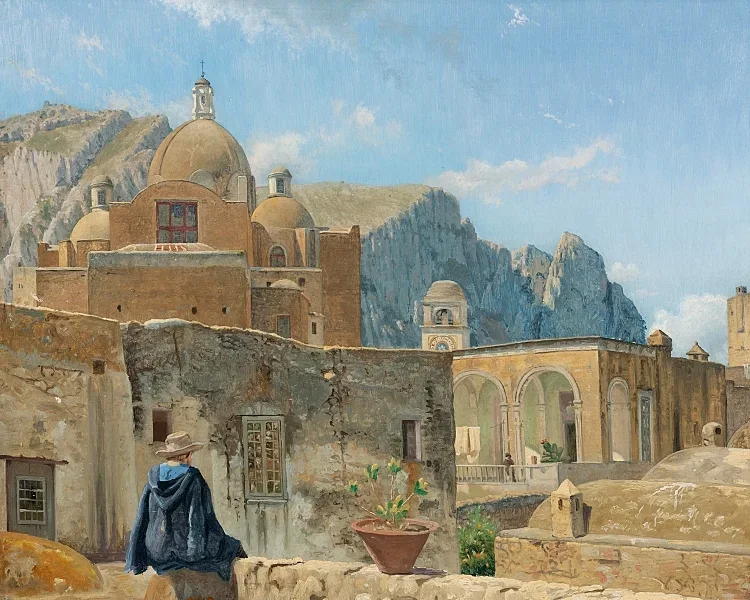 Ein kleiner Junge sitzt auf einer Mauer und blickt auf Capri – 1850
