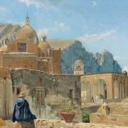 Ein kleiner Junge sitzt auf einer Mauer und blickt auf Capri – 1850