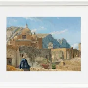 Ein kleiner Junge sitzt auf einer Mauer und blickt auf Capri – 1850