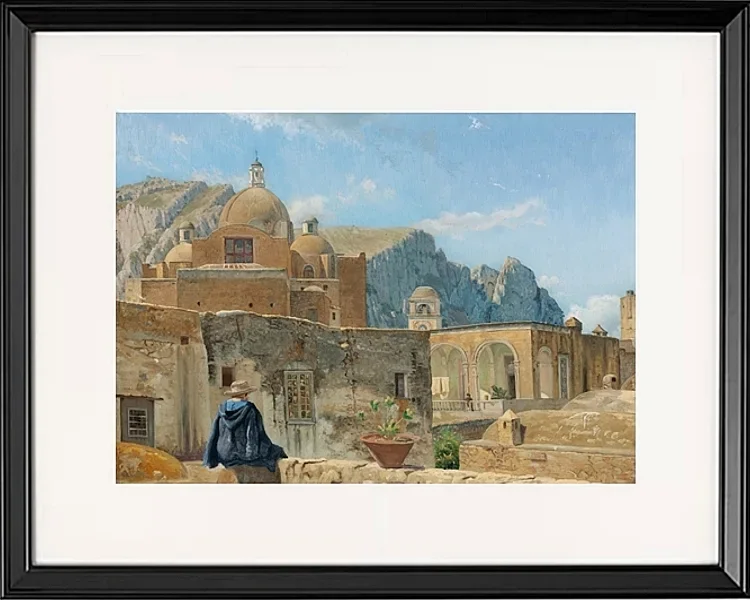 Ein kleiner Junge sitzt auf einer Mauer und blickt auf Capri – 1850