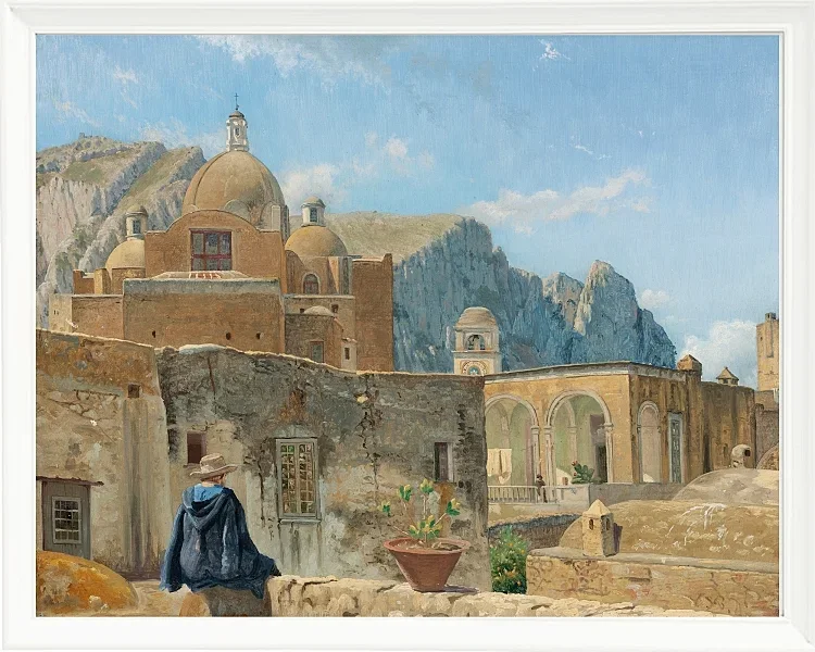 Ein kleiner Junge sitzt auf einer Mauer und blickt auf Capri – 1850