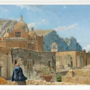 Ein kleiner Junge sitzt auf einer Mauer und blickt auf Capri – 1850