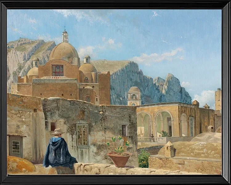 Ein kleiner Junge sitzt auf einer Mauer und blickt auf Capri – 1850
