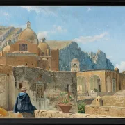 Ein kleiner Junge sitzt auf einer Mauer und blickt auf Capri – 1850