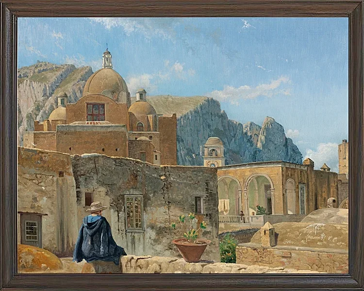 Ein kleiner Junge sitzt auf einer Mauer und blickt auf Capri – 1850