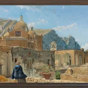 Ein kleiner Junge sitzt auf einer Mauer und blickt auf Capri – 1850