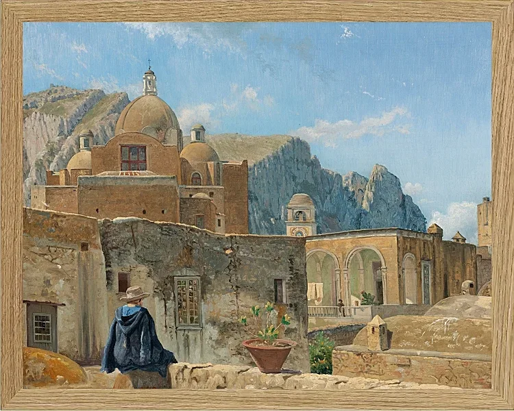 Ein kleiner Junge sitzt auf einer Mauer und blickt auf Capri – 1850