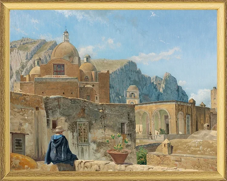 Ein kleiner Junge sitzt auf einer Mauer und blickt auf Capri – 1850