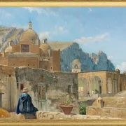 Ein kleiner Junge sitzt auf einer Mauer und blickt auf Capri – 1850