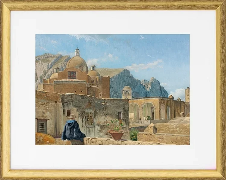 Ein kleiner Junge sitzt auf einer Mauer und blickt auf Capri – 1850