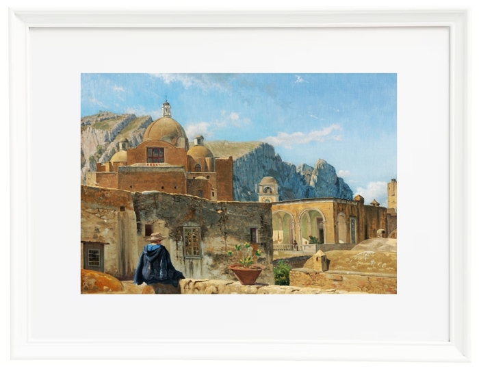 Ein kleiner Junge sitzt auf einer Mauer und blickt auf Capri – 1850