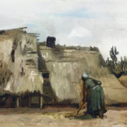 En bondekone graver foran sit hus - 1885