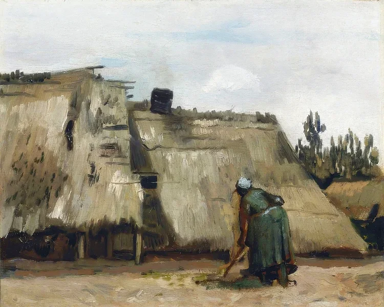 En bondekone graver foran sit hus - 1885