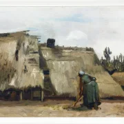 En bondekone graver foran sit hus - 1885