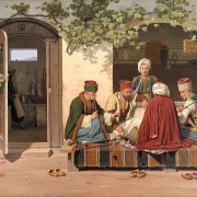 Eine Gruppe Schachspieler vor einem türkischen Kaffeehaus – 1845