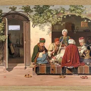 Eine Gruppe Schachspieler vor einem türkischen Kaffeehaus – 1845