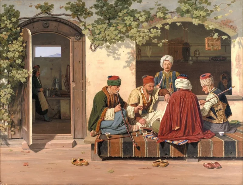 Martinus Rørbye – Eine Gruppe Schachspieler vor einem türkischen Kaffeehaus 1845 | Giclée Kunstdruck gerahmt