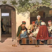 Martinus Rørbye – Eine Gruppe Schachspieler vor einem türkischen Kaffeehaus 1845 | Giclée Kunstdruck gerahmt