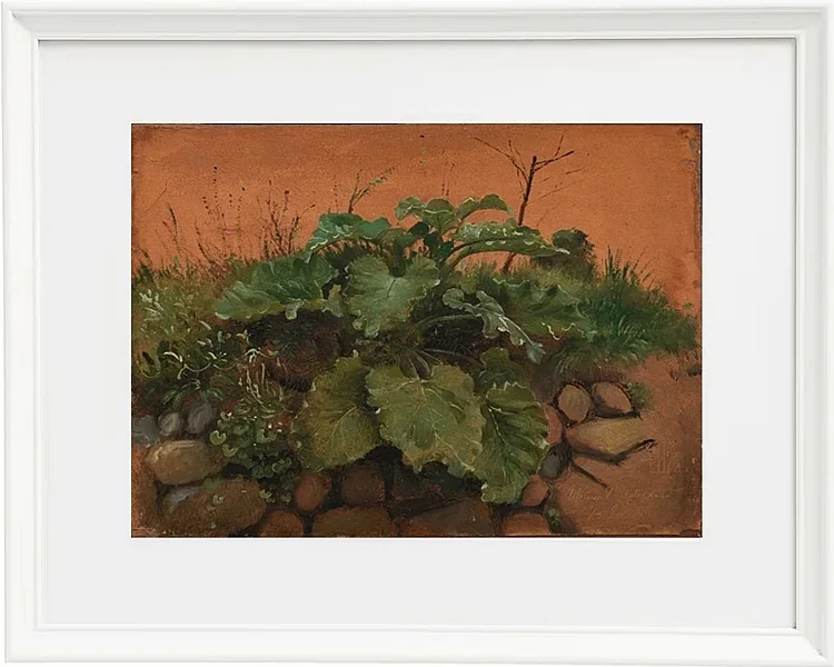 Johan Lundbye –  Eine Klette und andere Pflanzen auf einer Steinmauer 1847 | Giclée Kunstdruck gerahmt