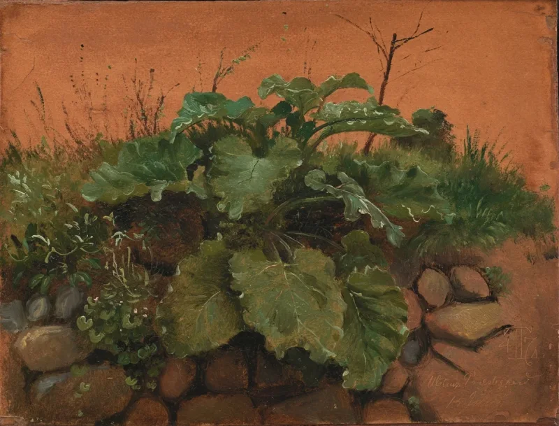 Johan Lundbye –  Eine Klette und andere Pflanzen auf einer Steinmauer 1847 | Giclée Kunstdruck gerahmt