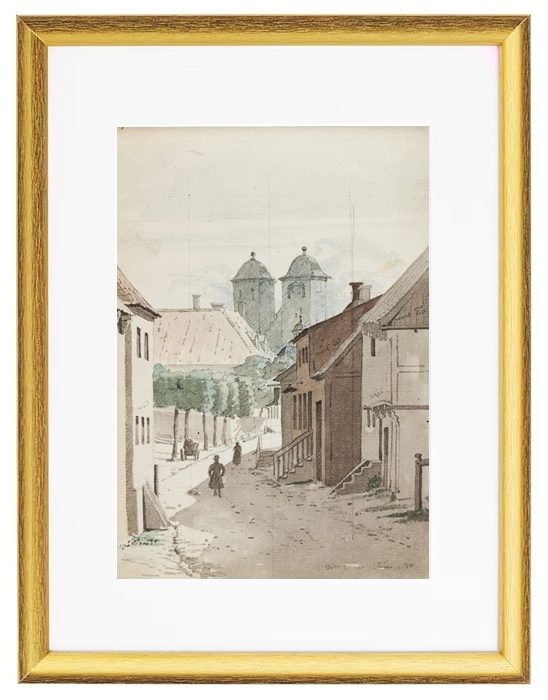 A look down a strait towards Viborg Cathedral's two towers - 1829