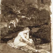 Eine teilweise nackte Frau, die an einem Bach sitzt - 1812