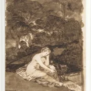 Eine teilweise nackte Frau, die an einem Bach sitzt - 1812