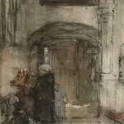 Fischersfrau mit ihrer Tochter als Braut zündet eine Kirchenkerze an - 1847