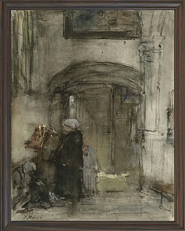 Fischersfrau mit ihrer Tochter als Braut zündet eine Kirchenkerze an - 1847