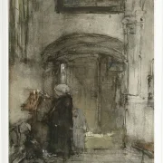 Fischersfrau mit ihrer Tochter als Braut zündet eine Kirchenkerze an - 1847