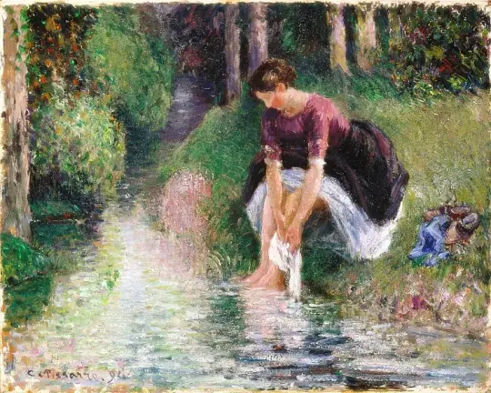 Frau wäscht ihre Füße in einem Bach – 1894
