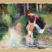 Frau wäscht ihre Füße in einem Bach – 1894