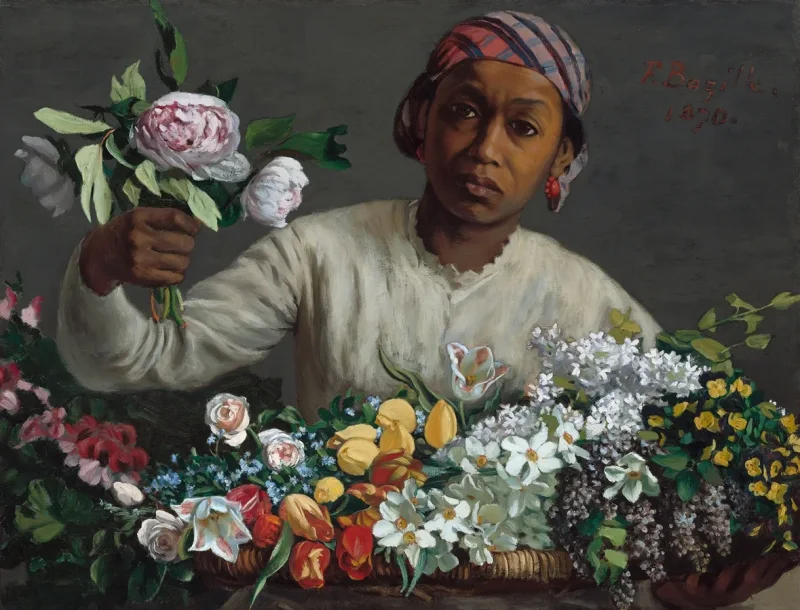 Frédéric Bazille - Junge Frau mit Pfingstrosen 1870 | Giclée Kunstdruck gerahmt