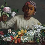 Frédéric Bazille - Junge Frau mit Pfingstrosen 1870 | Giclée Kunstdruck gerahmt